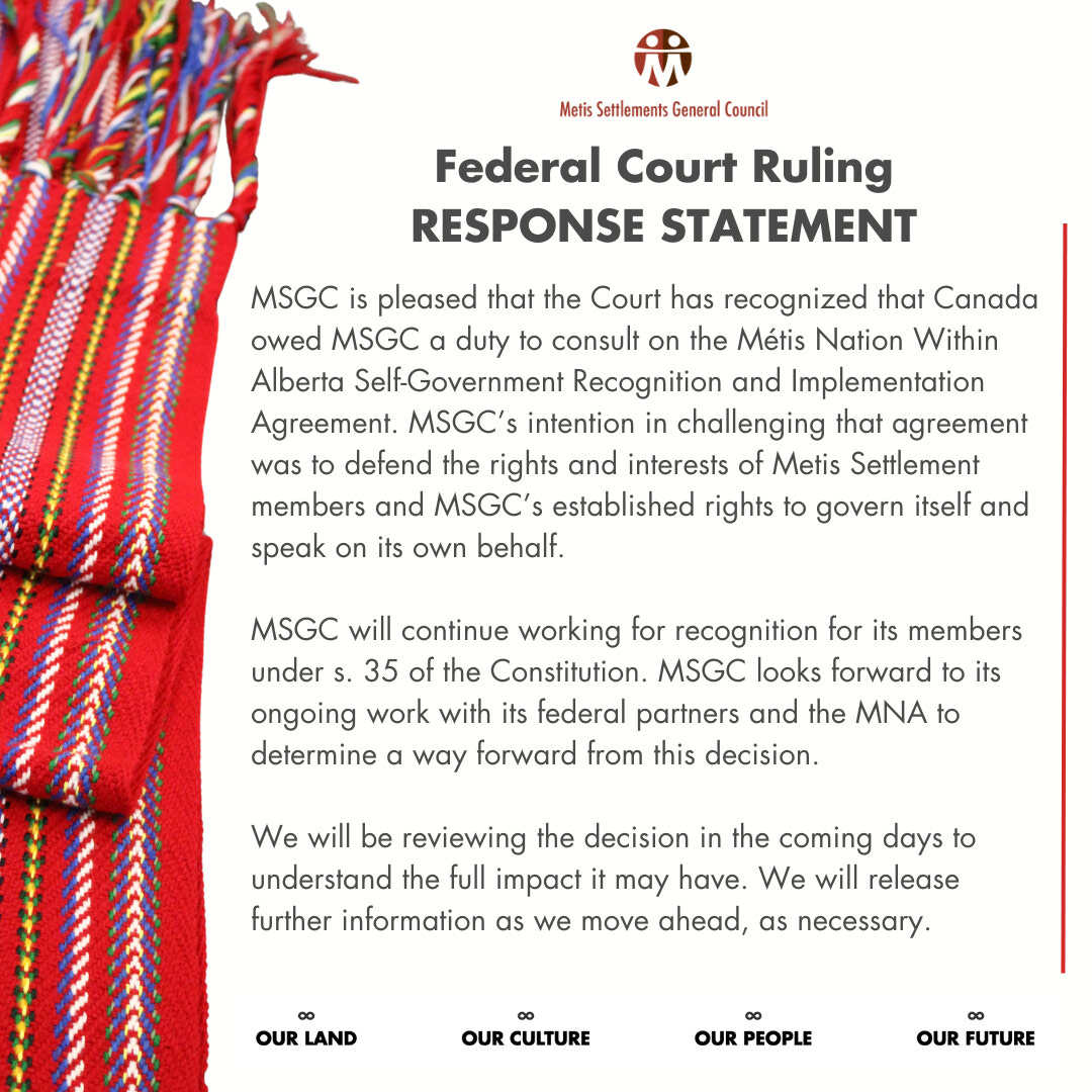 MSGC Response to Federal Court Ruling on Canada/MNA Agreement